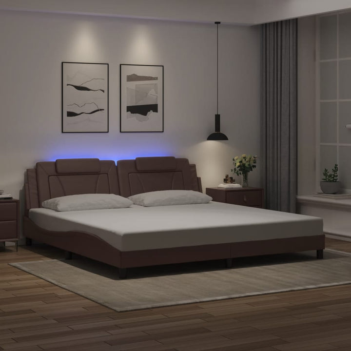 Cadru De Pat Cu Lumini Led Alb/Negru Piele Ecologică