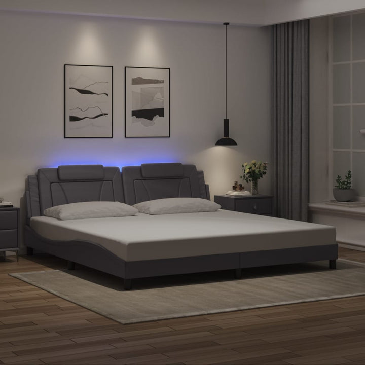 Cadru De Pat Cu Lumini Led Alb/Negru Piele Ecologică