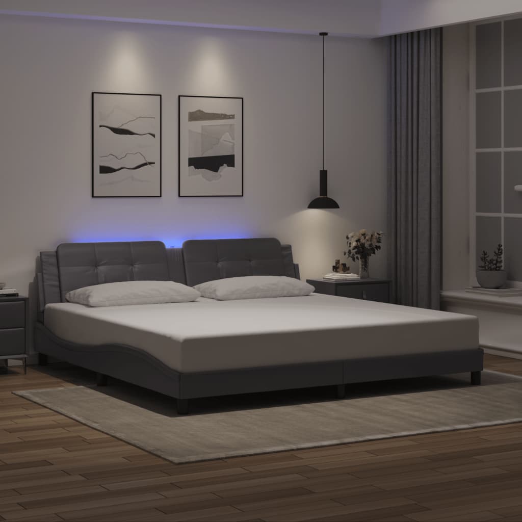 Cadru De Pat Cu Led, Negru Și Alb, , Piele Ecologică
