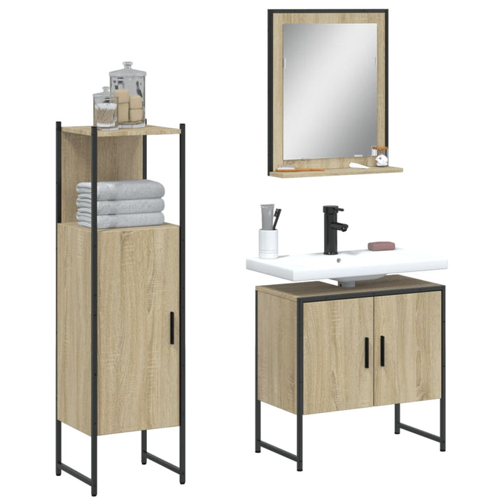 Set Dulapuri De Baie, 3 Piese, Stejar Maro, Lemn Prelucrat
