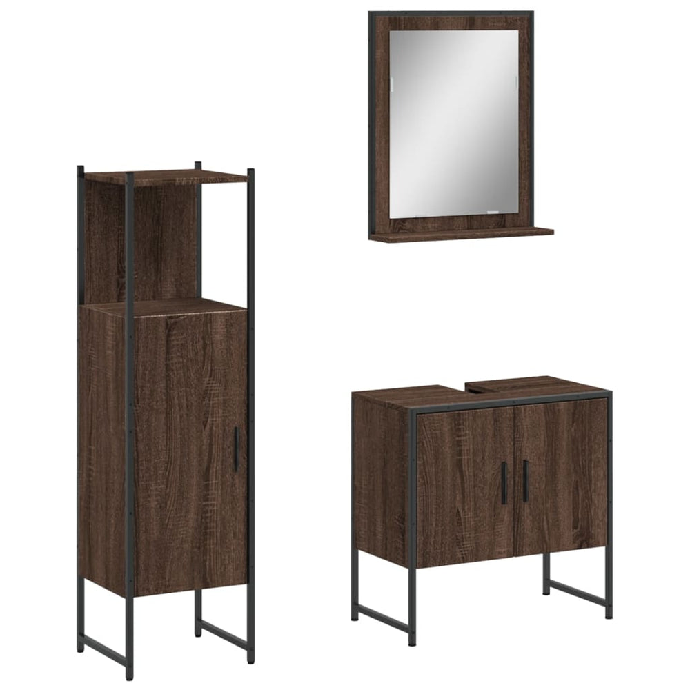 Set Dulapuri De Baie, 3 Piese, Stejar Maro, Lemn Prelucrat