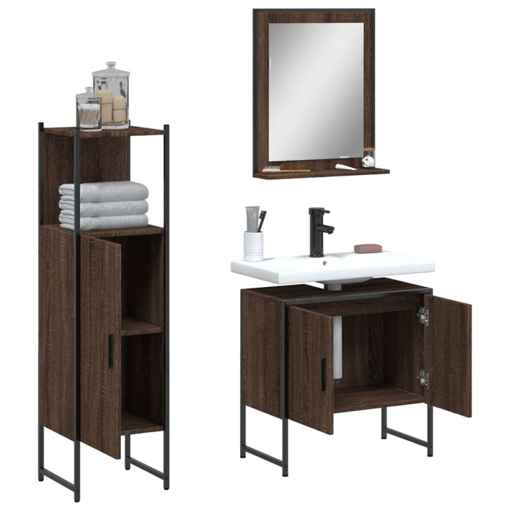 Set Dulapuri De Baie, 3 Piese, Stejar Maro, Lemn Prelucrat