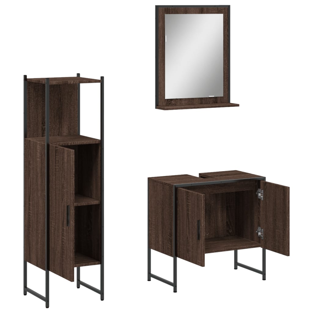 Set Dulapuri De Baie, 3 Piese, Stejar Maro, Lemn Prelucrat