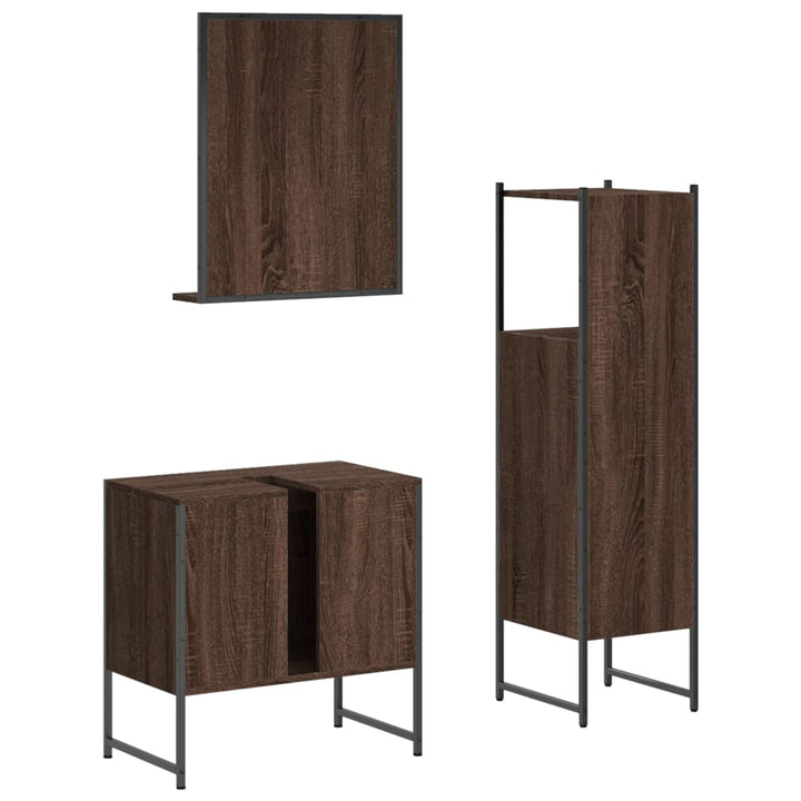 Set Dulapuri De Baie, 3 Piese, Stejar Maro, Lemn Prelucrat