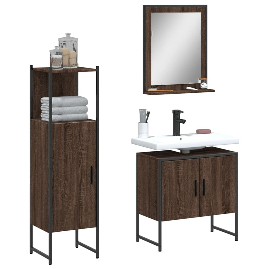 Set Dulapuri De Baie, 3 Piese, Stejar Maro, Lemn Prelucrat