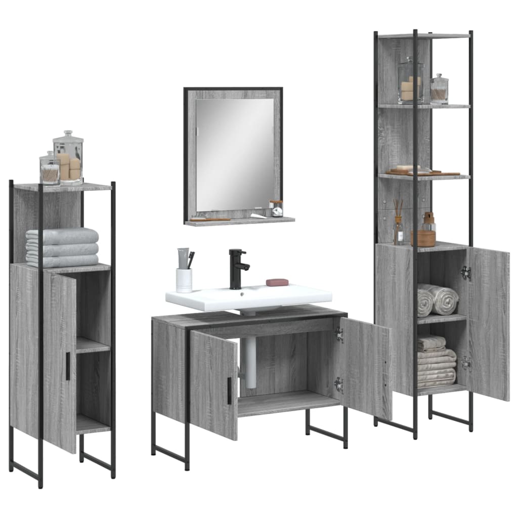 Set Dulapuri De Baie, 4 Piese, Gri Sonoma, Lemn Prelucrat