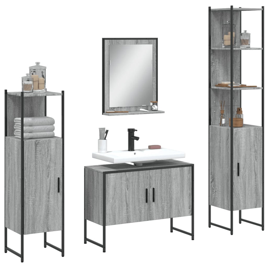 Set Dulapuri De Baie, 4 Piese, Gri Sonoma, Lemn Prelucrat