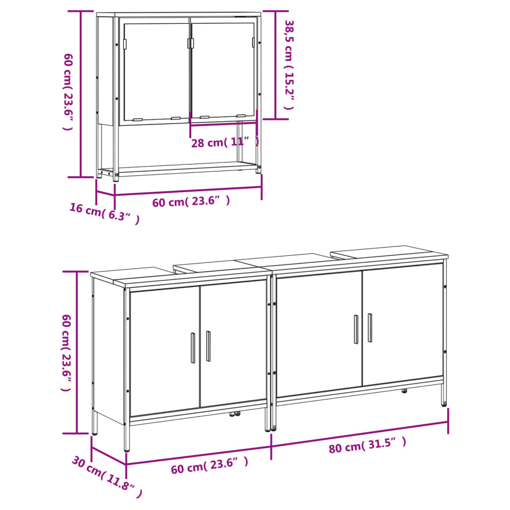 Set Mobilier De Baie, 3 Piese, Gri Sonoma, Lemn Prelucrat