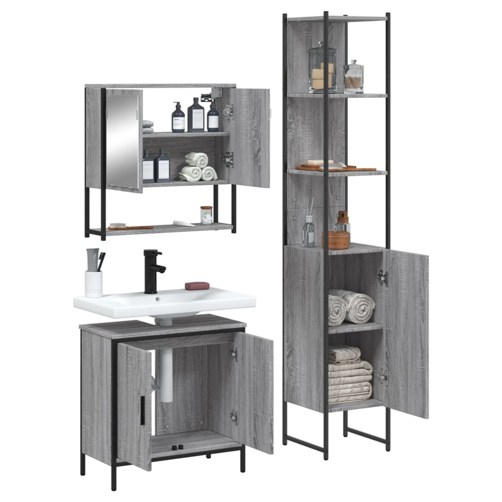 Set Mobilier De Baie, 3 Piese, Gri Sonoma, Lemn Prelucrat