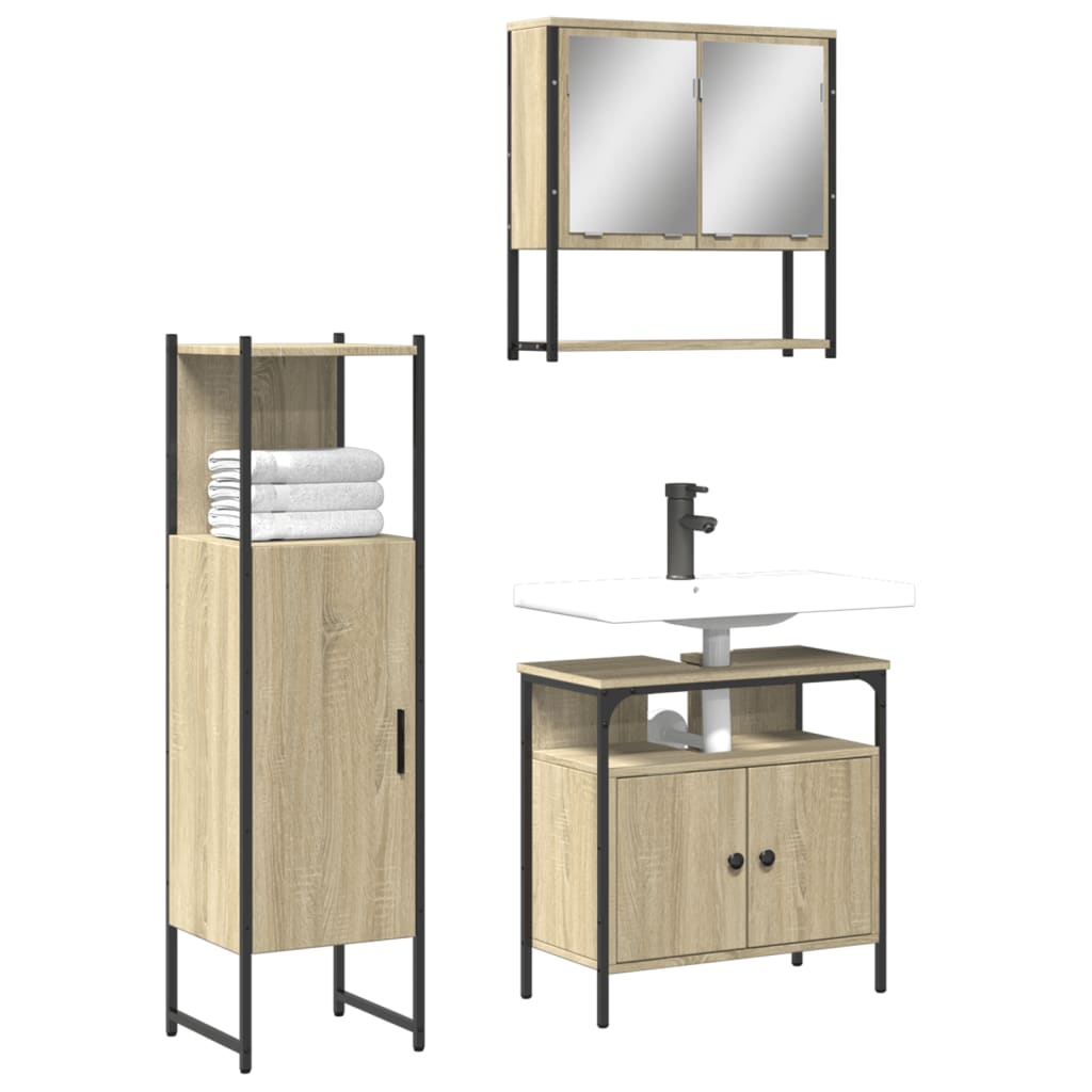 Set Mobilier De Baie, 3 Piese, Stejar Maro, Lemn Prelucrat