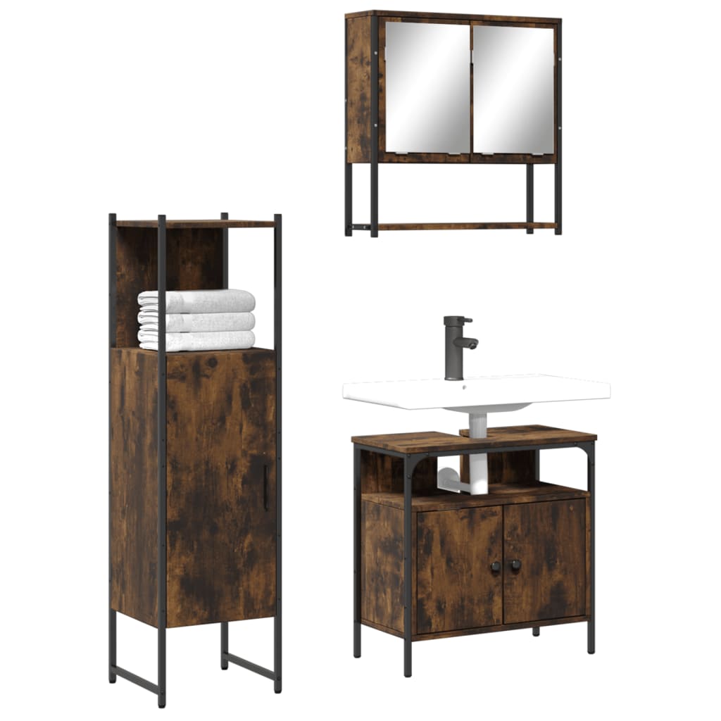 Set Mobilier De Baie, 3 Piese, Stejar Maro, Lemn Prelucrat
