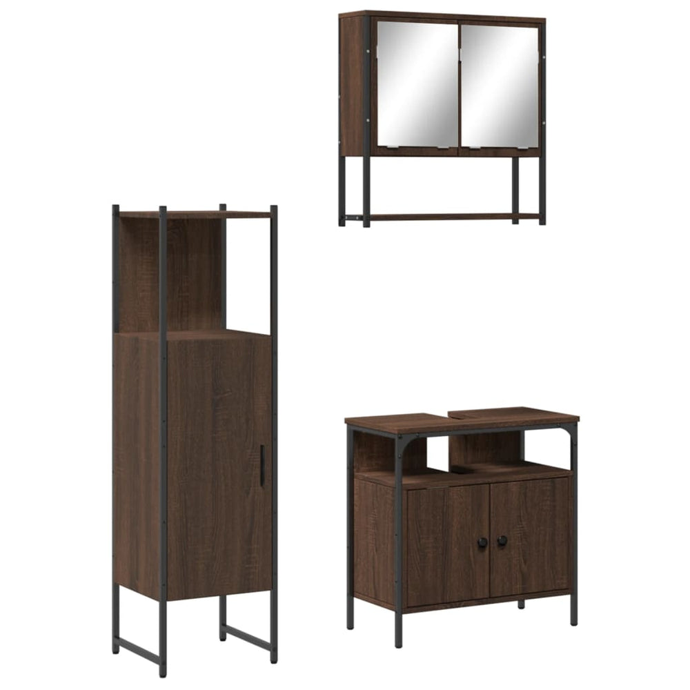 Set Mobilier De Baie, 3 Piese, Stejar Maro, Lemn Prelucrat