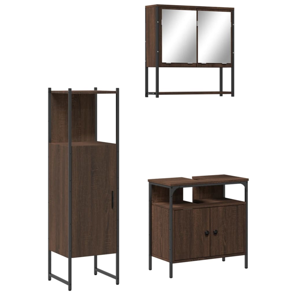 Set Mobilier De Baie, 3 Piese, Stejar Maro, Lemn Prelucrat