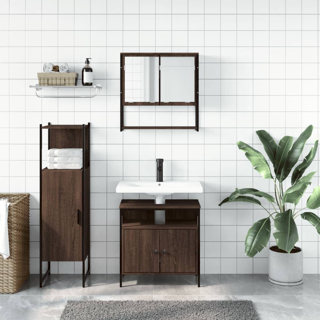 Set Mobilier De Baie, 3 Piese, Stejar Maro, Lemn Prelucrat
