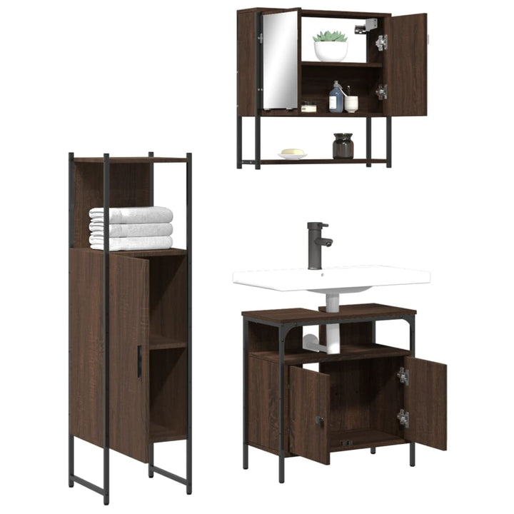 Set Mobilier De Baie, 3 Piese, Stejar Maro, Lemn Prelucrat