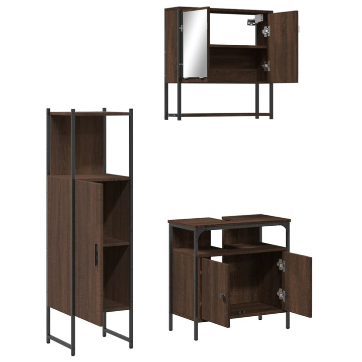 Set Mobilier De Baie, 3 Piese, Stejar Maro, Lemn Prelucrat