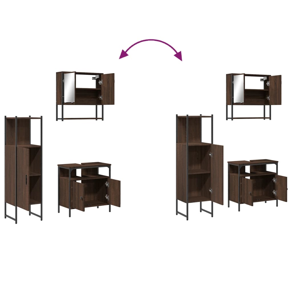 Set Mobilier De Baie, 3 Piese, Stejar Maro, Lemn Prelucrat