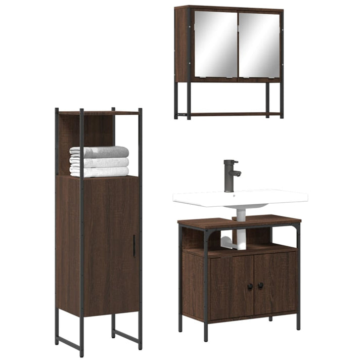 Set Mobilier De Baie, 3 Piese, Stejar Maro, Lemn Prelucrat