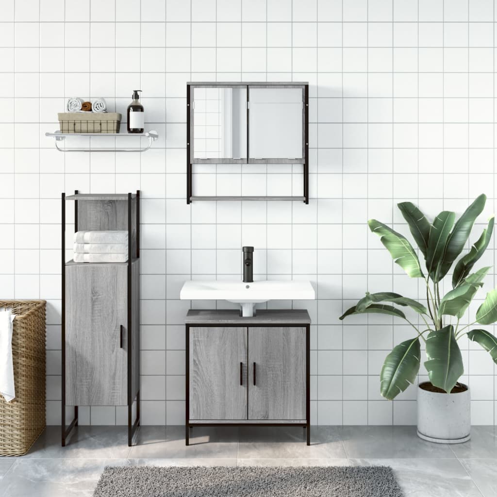 Set Mobilier De Baie, 3 Piese, Gri Sonoma, Lemn Prelucrat