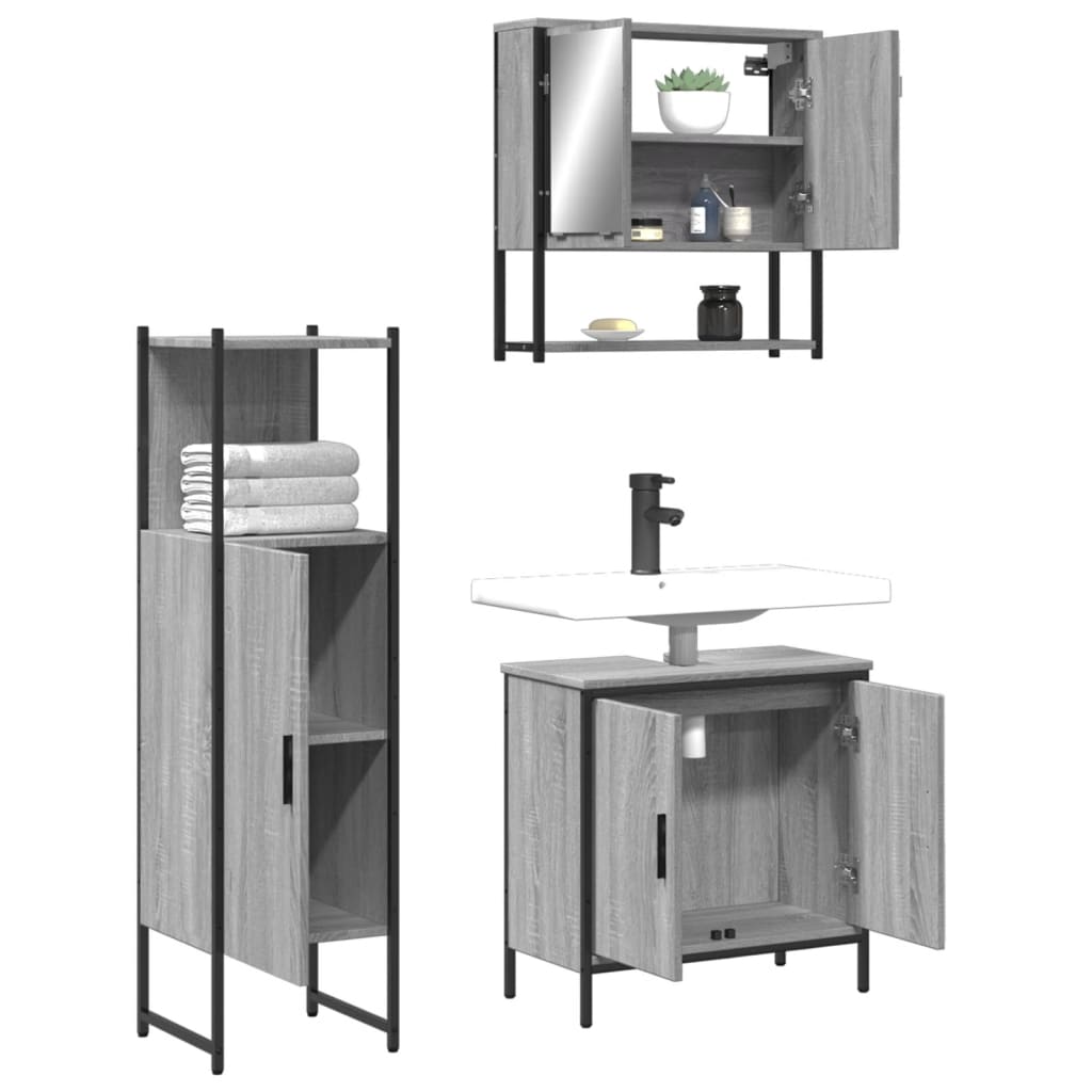 Set Mobilier De Baie, 3 Piese, Gri Sonoma, Lemn Prelucrat
