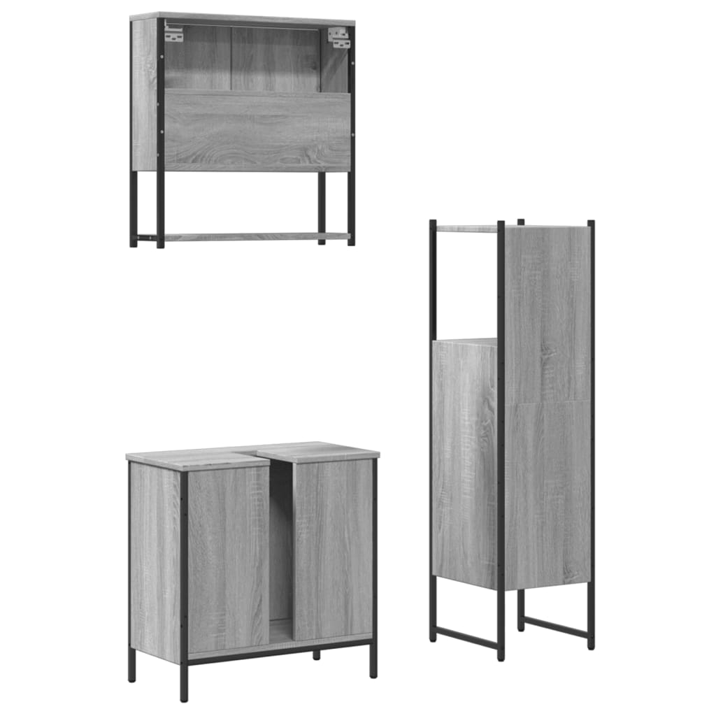 Set Mobilier De Baie, 3 Piese, Gri Sonoma, Lemn Prelucrat