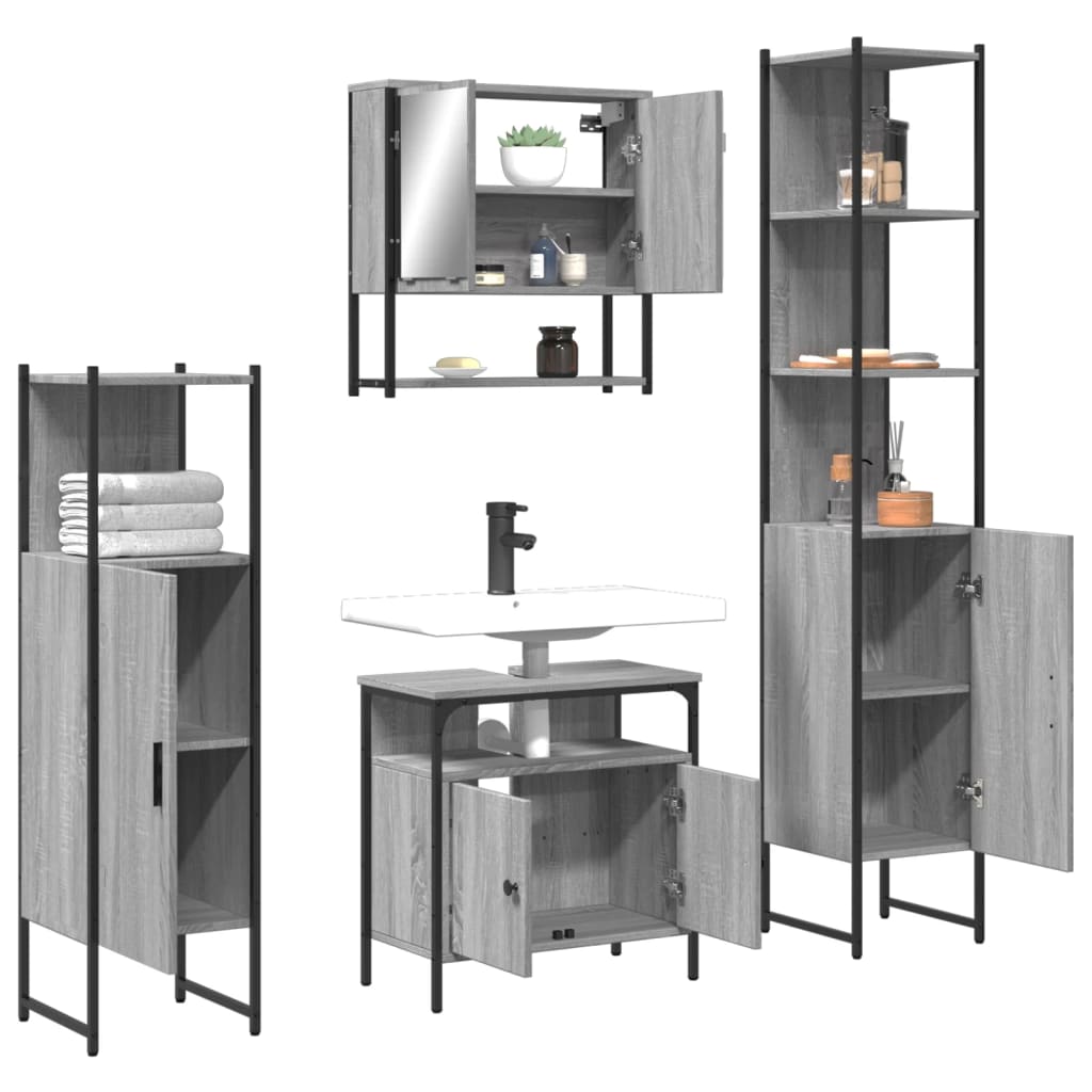 Set Mobilier De Baie, 4 Piese, Gri Sonoma, Lemn Prelucrat