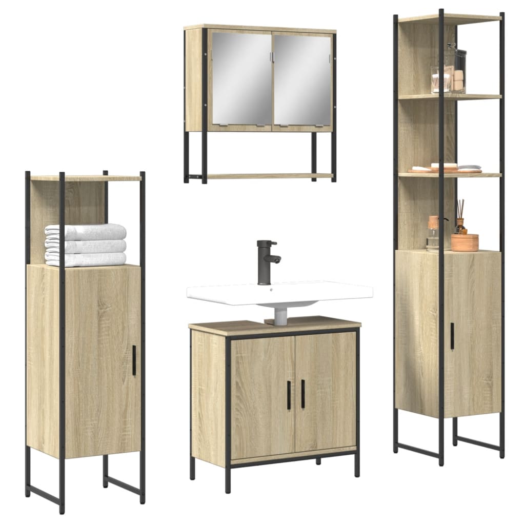 Set Mobilier De Baie, 4 Piese, Stejar Maro, Lemn Prelucrat