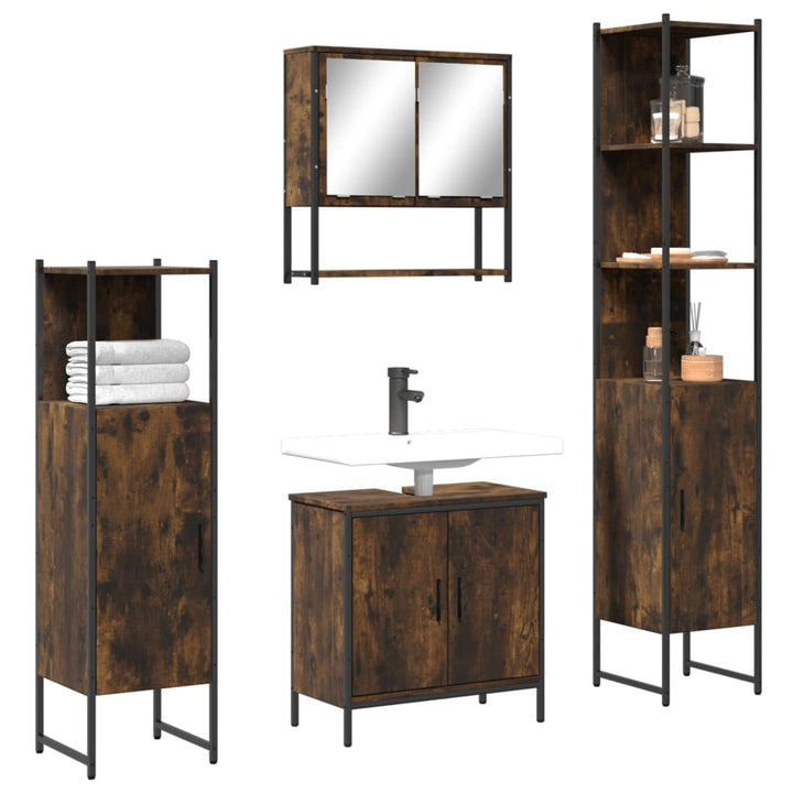 Set Mobilier De Baie, 4 Piese, Stejar Maro, Lemn Prelucrat