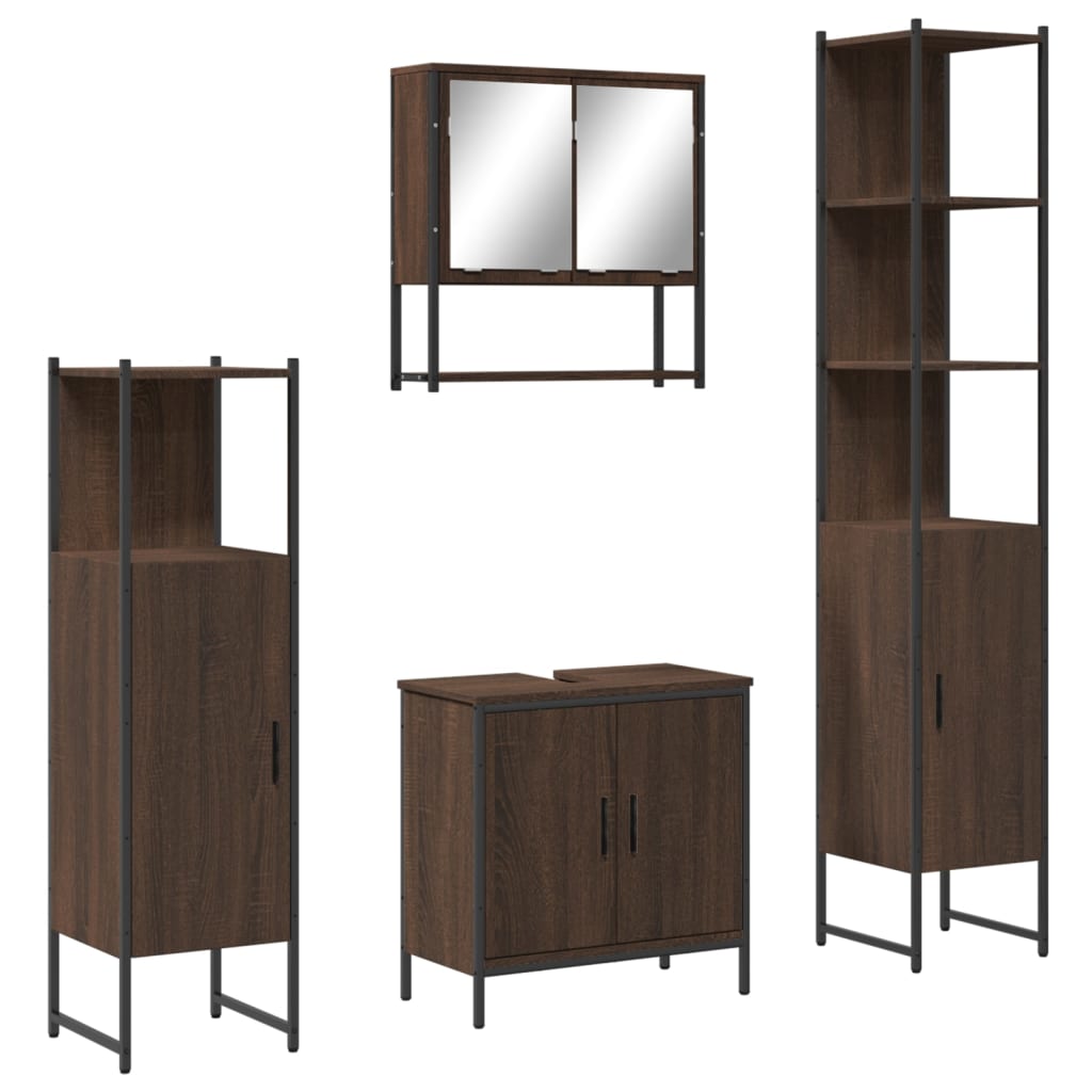 Set Mobilier De Baie, 4 Piese, Stejar Maro, Lemn Prelucrat