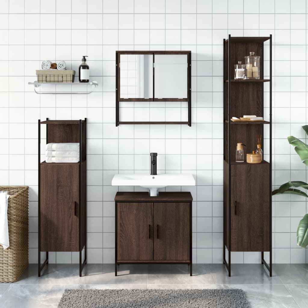 Set Mobilier De Baie, 4 Piese, Stejar Maro, Lemn Prelucrat