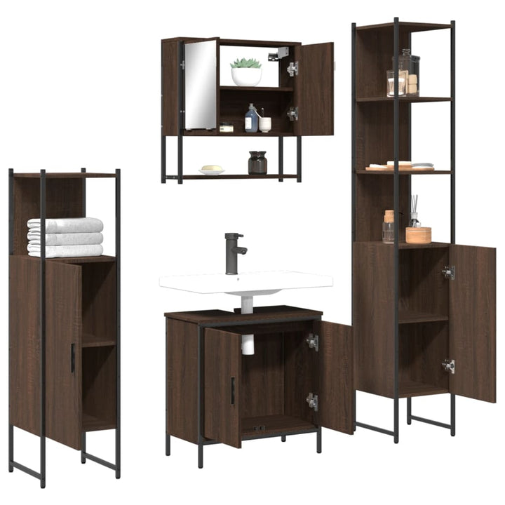 Set Mobilier De Baie, 4 Piese, Stejar Maro, Lemn Prelucrat