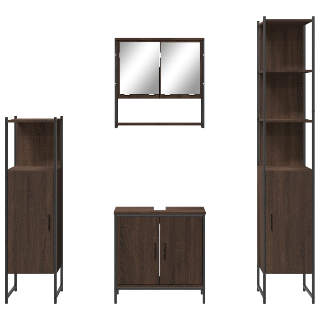 Set Mobilier De Baie, 4 Piese, Stejar Maro, Lemn Prelucrat