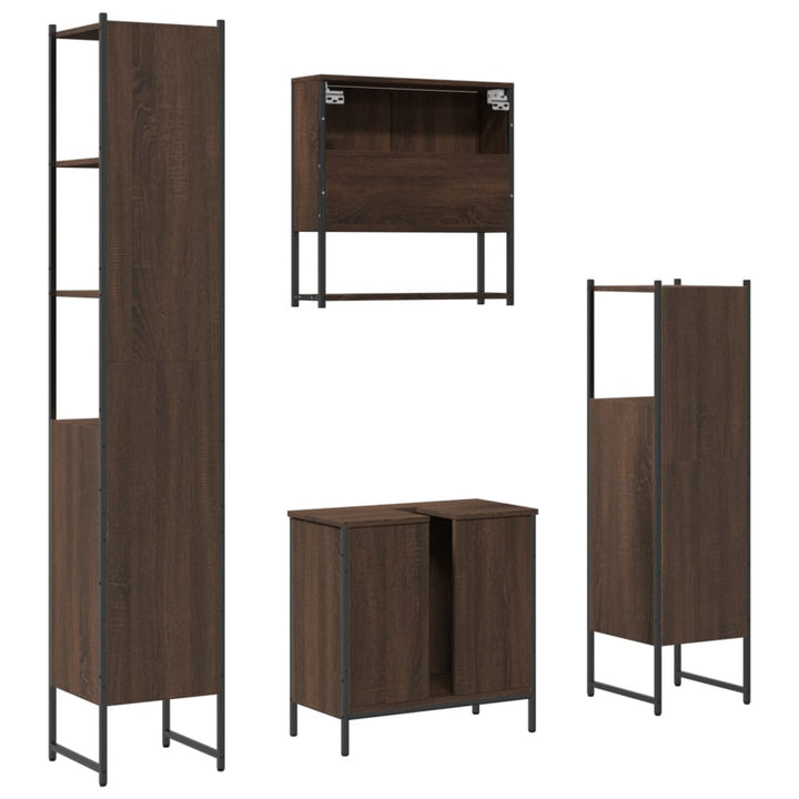 Set Mobilier De Baie, 4 Piese, Stejar Maro, Lemn Prelucrat