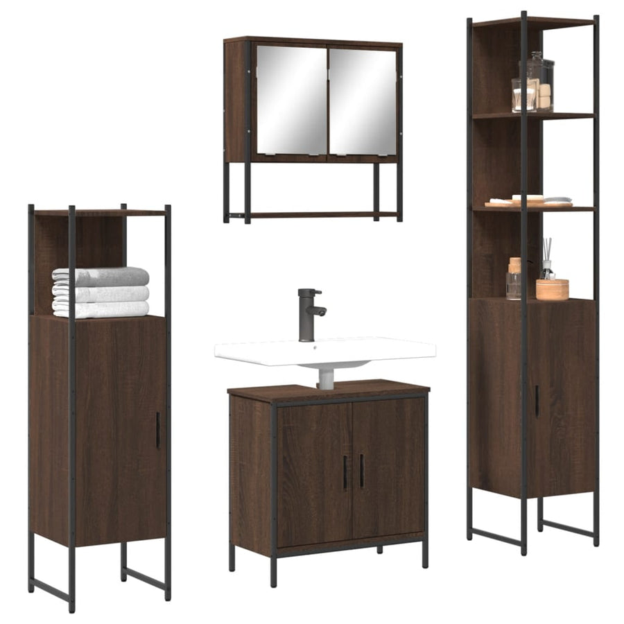 Set Mobilier De Baie, 4 Piese, Stejar Maro, Lemn Prelucrat