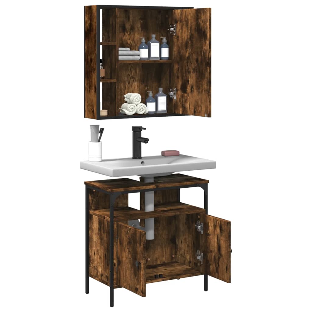 Set Mobilier De Baie, 2 Piese, Stejar Fumuriu, Lemn Prelucrat