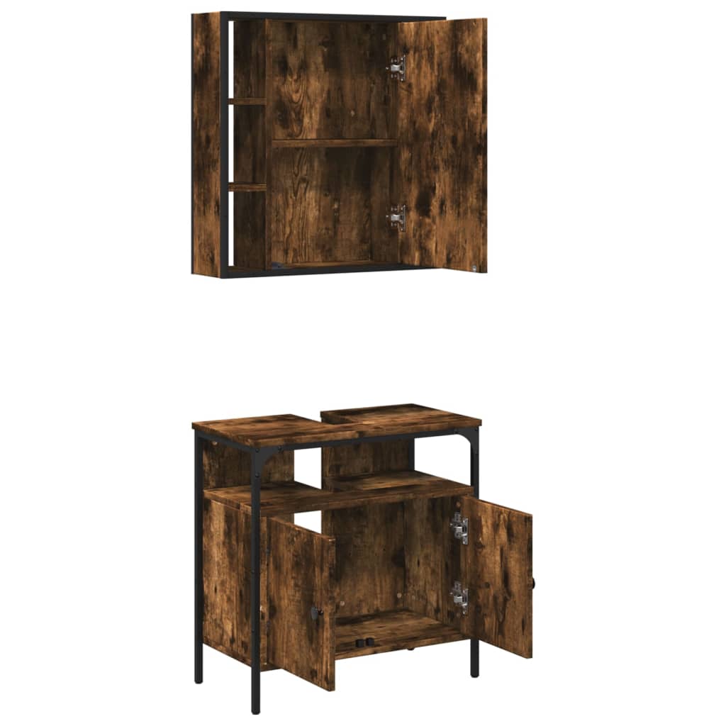 Set Mobilier De Baie, 2 Piese, Stejar Fumuriu, Lemn Prelucrat