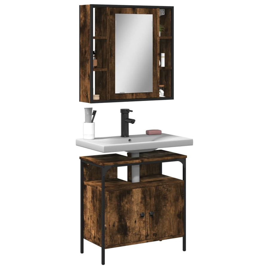 Set Mobilier De Baie, 2 Piese, Stejar Fumuriu, Lemn Prelucrat
