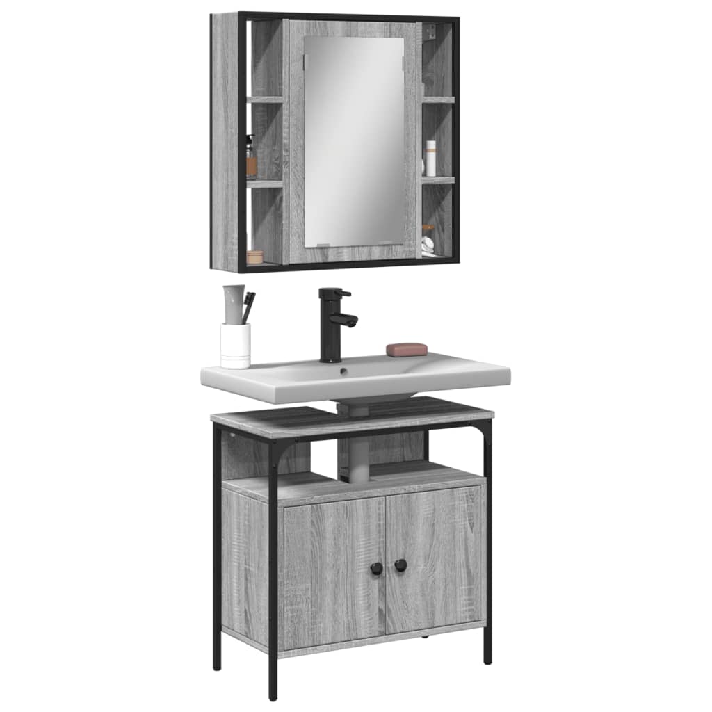 Set Mobilier De Baie, 2 Piese, Stejar Fumuriu, Lemn Prelucrat