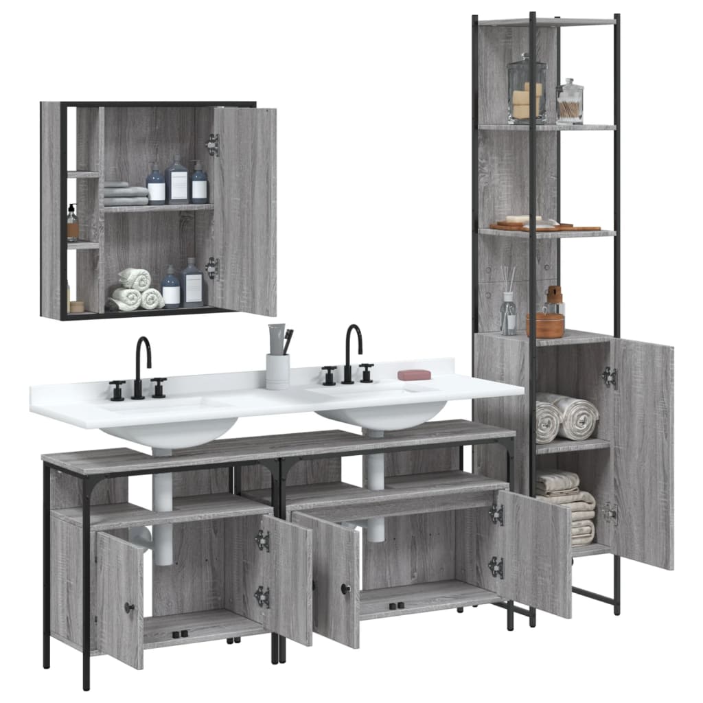 Set Dulapuri De Baie, 4 Piese, Gri Sonoma, Lemn Prelucrat