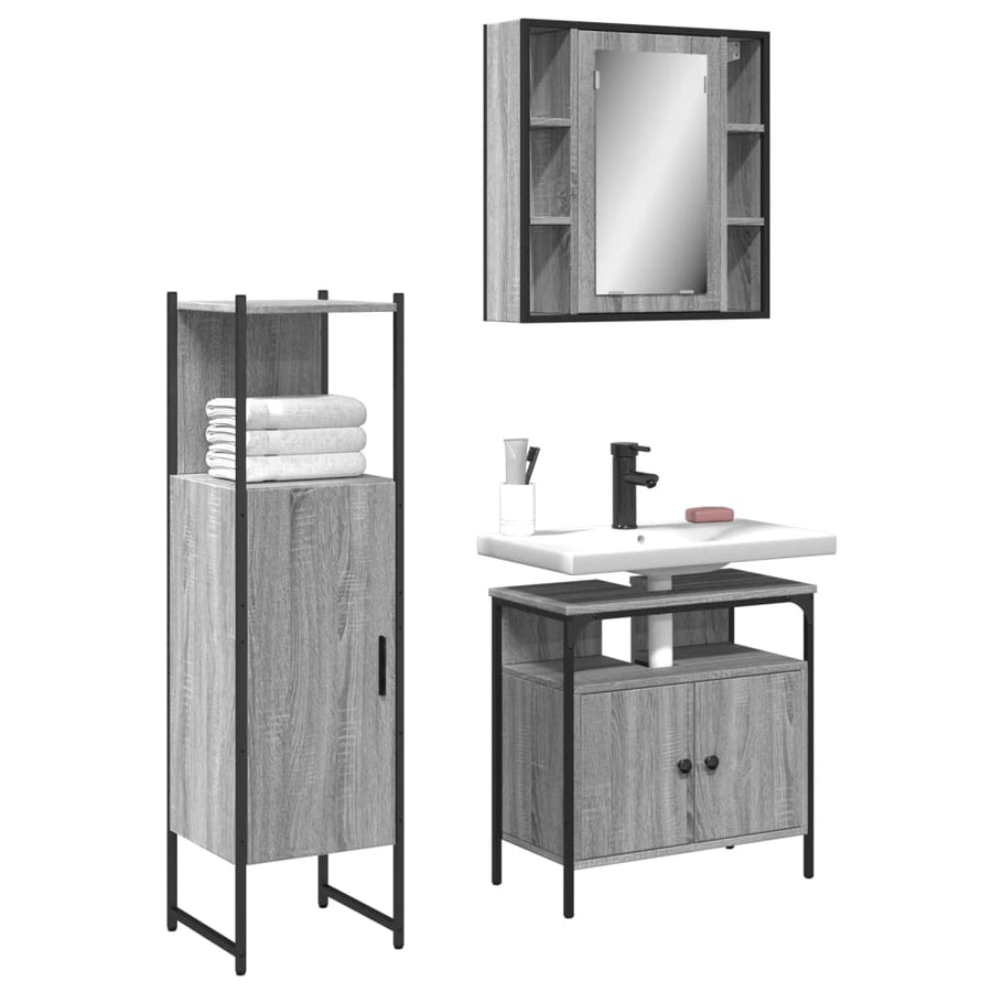 Set Dulapuri De Baie, 3 Piese, Gri Sonoma, Lemn Prelucrat