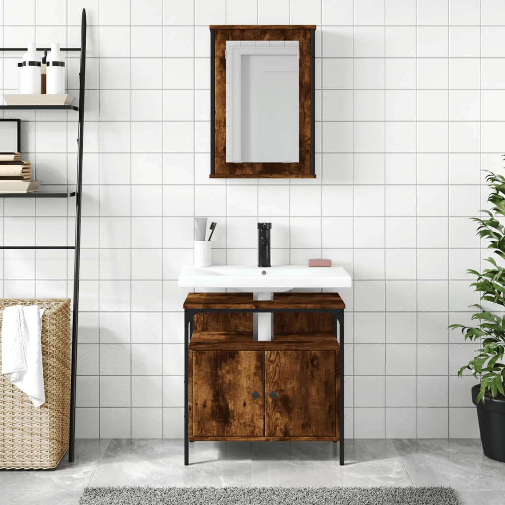 Set Mobilier De Baie, 2 Piese, Stejar Fumuriu, Lemn Prelucrat