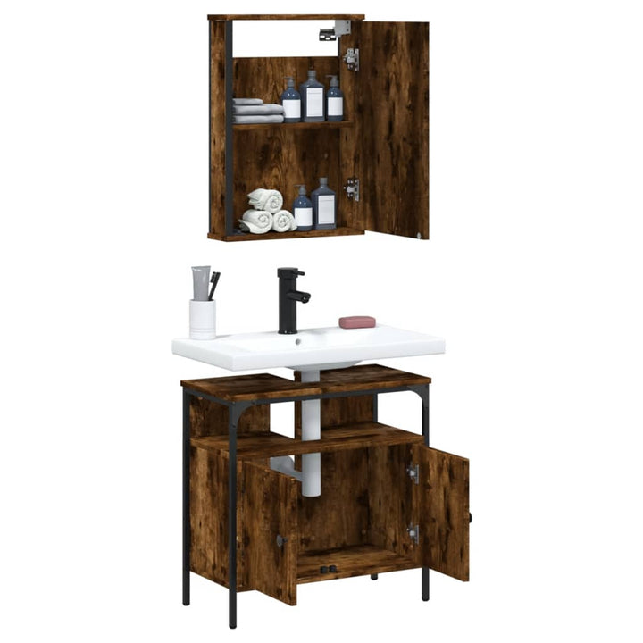 Set Mobilier De Baie, 2 Piese, Stejar Fumuriu, Lemn Prelucrat