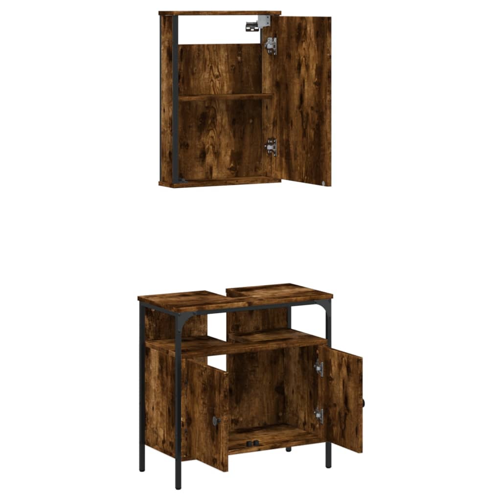 Set Mobilier De Baie, 2 Piese, Stejar Fumuriu, Lemn Prelucrat