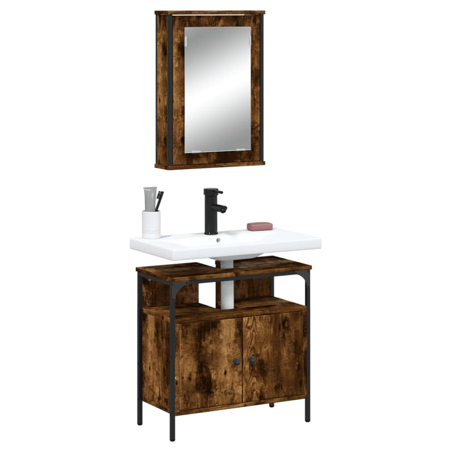 Set Mobilier De Baie, 2 Piese, Stejar Fumuriu, Lemn Prelucrat