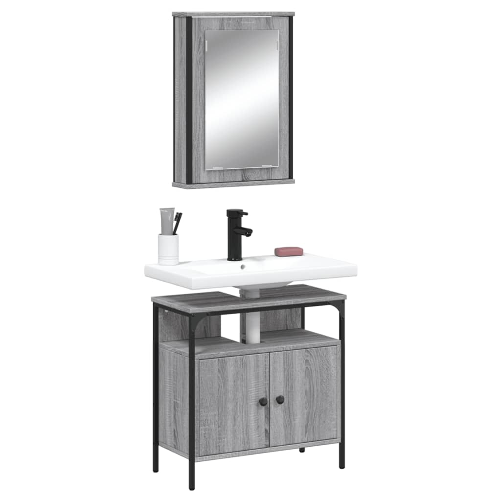 Set Mobilier De Baie, 2 Piese, Stejar Fumuriu, Lemn Prelucrat