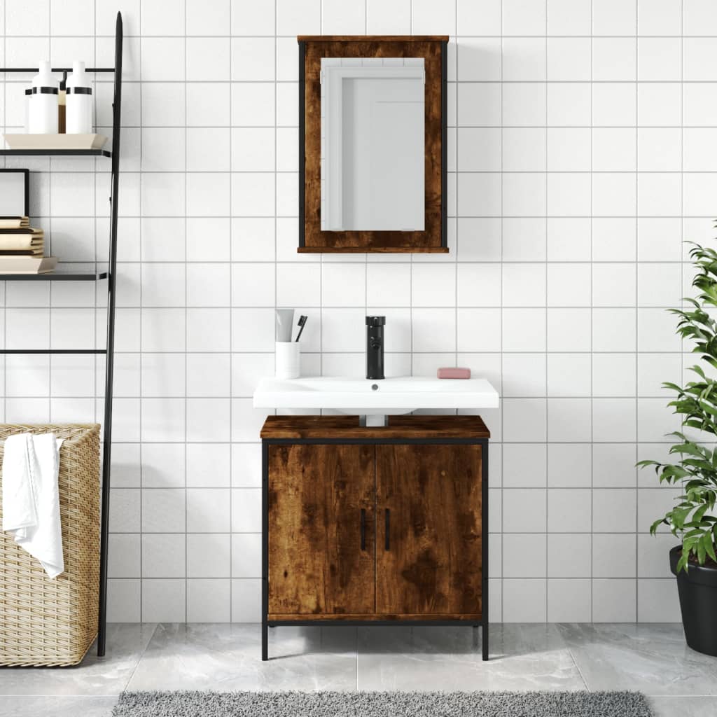 Set Mobilier De Baie, 2 Piese, Stejar Fumuriu, Lemn Prelucrat