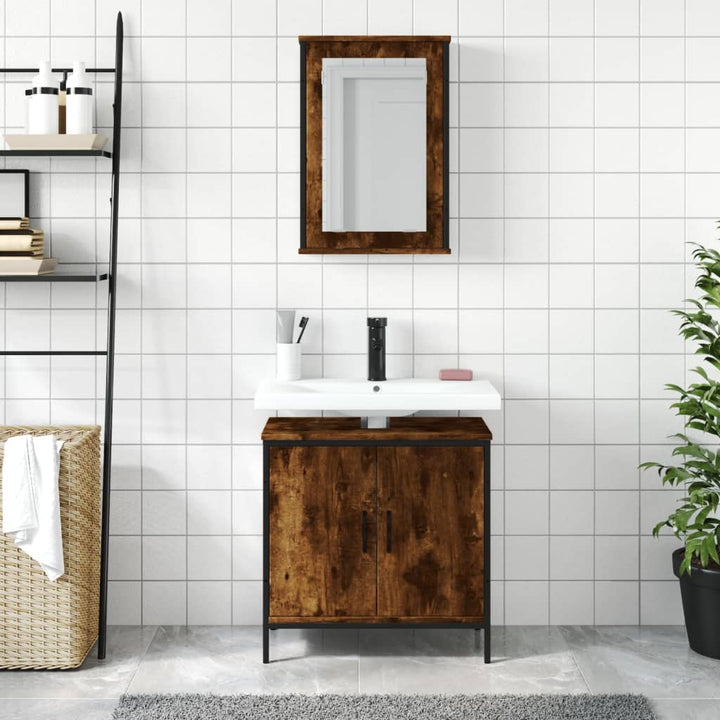 Set Mobilier De Baie, 2 Piese, Stejar Fumuriu, Lemn Prelucrat