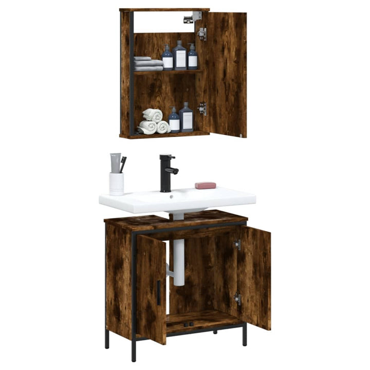 Set Mobilier De Baie, 2 Piese, Stejar Fumuriu, Lemn Prelucrat