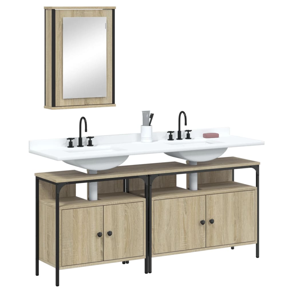 Set Mobilier De Baie, 3 Piese, Stejar Maro, Lemn Prelucrat