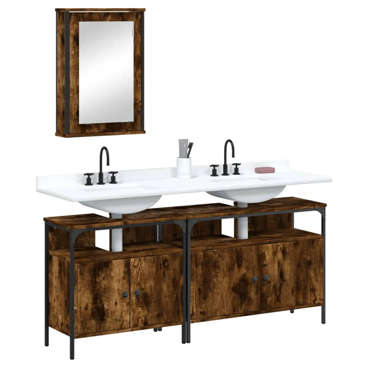 Set Mobilier De Baie, 3 Piese, Stejar Maro, Lemn Prelucrat